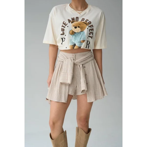 İki Renkli Gömlek Bağlamalı Şort - Vizon-Kahve