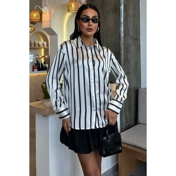İnce Çizgili Saten Gömlek 3434