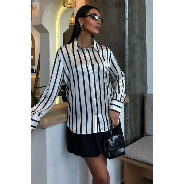 İnce Çizgili Saten Gömlek 3434