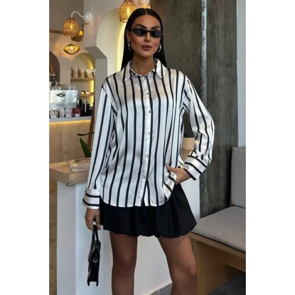 İnce Çizgili Saten Gömlek 3434