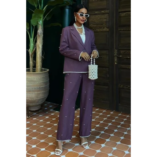 İnci Detaylı Ceket Pantolon Keten Takım 10124