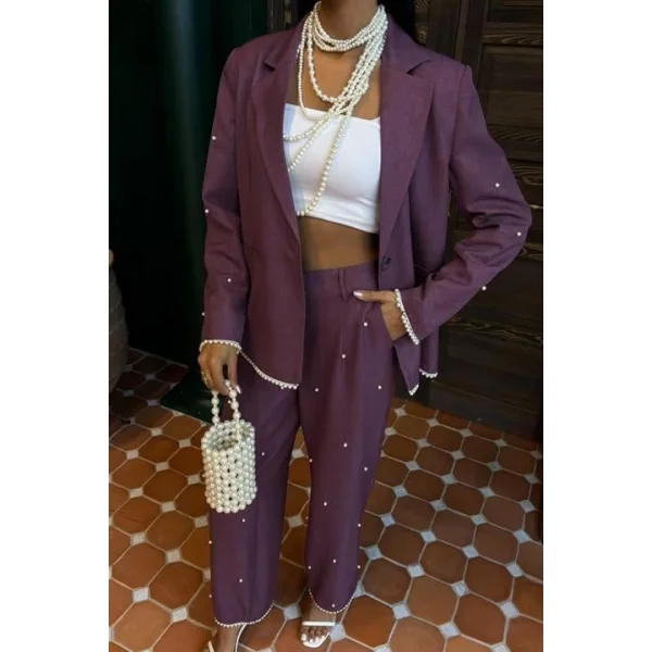 İnci Detaylı Ceket Pantolon Keten Takım 10124