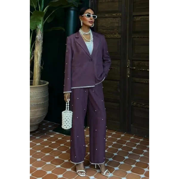 İnci Detaylı Ceket Pantolon Keten Takım 10124