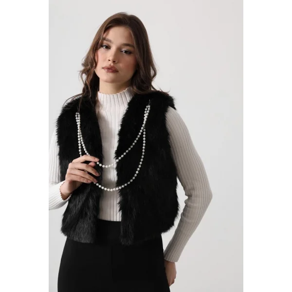 İnci Kolyeli Kürk Yelek  iyah