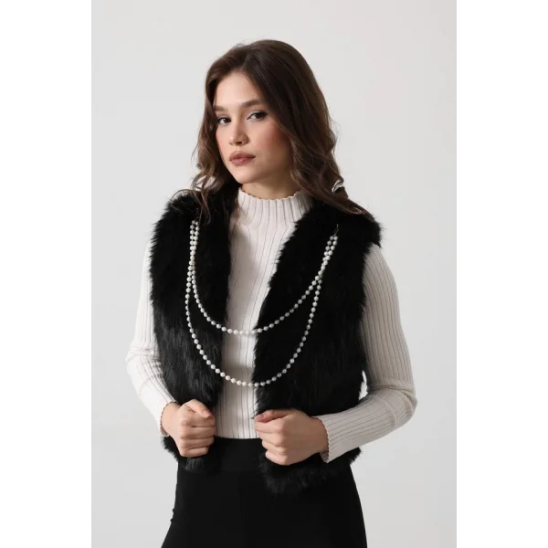 İnci Kolyeli Kürk Yelek  iyah