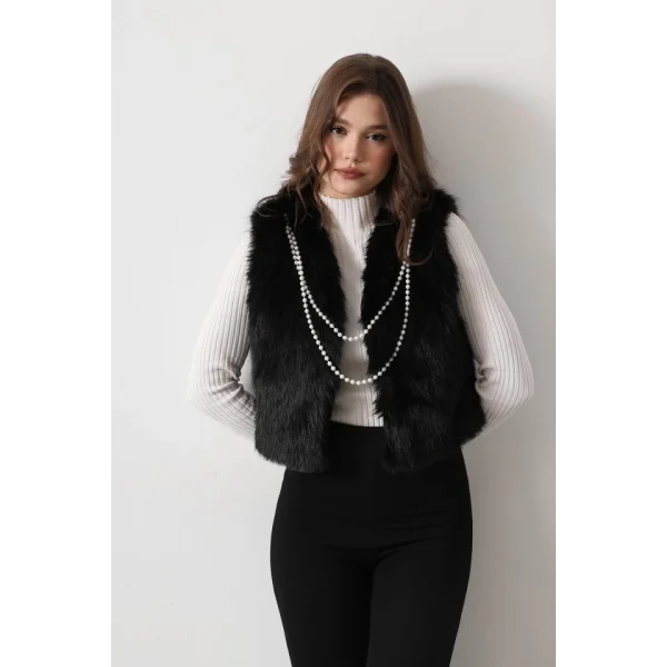 İnci Kolyeli Kürk Yelek  iyah