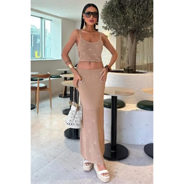 İnci Ve Çiçek Detaylı Büstiyerli Triko Takım 10100