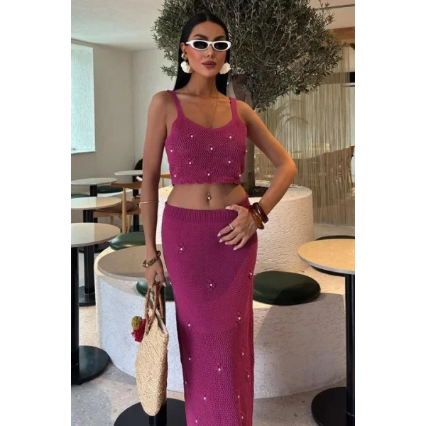 İnci Ve Çiçek Detaylı Büstiyerli Triko Takım 10100