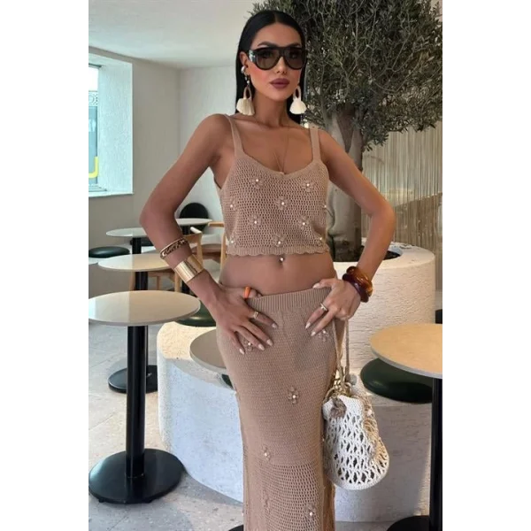 İnci Ve Çiçek Detaylı Büstiyerli Triko Takım 10100