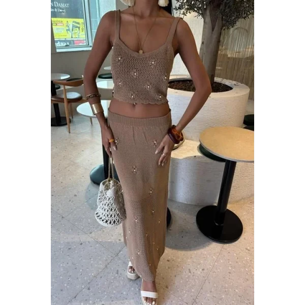 İnci Ve Çiçek Detaylı Büstiyerli Triko Takım 10100