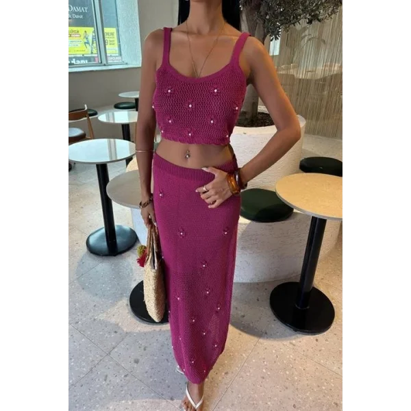 İnci Ve Çiçek Detaylı Büstiyerli Triko Takım 10100