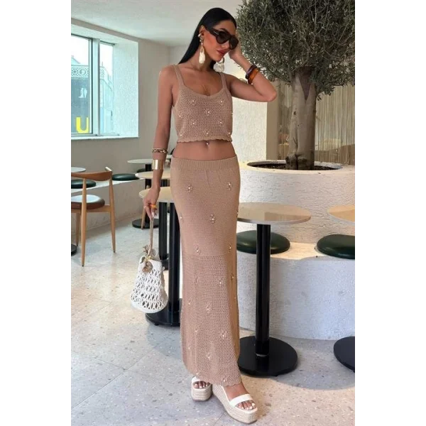 İnci Ve Çiçek Detaylı Büstiyerli Triko Takım 10100