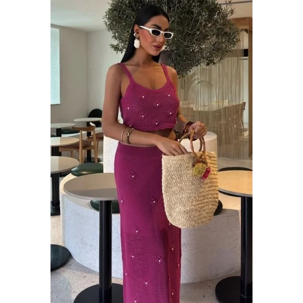 İnci Ve Çiçek Detaylı Büstiyerli Triko Takım 10100