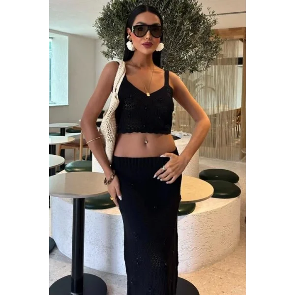 İnci Ve Çiçek Detaylı Büstiyerli Triko Takım 10100