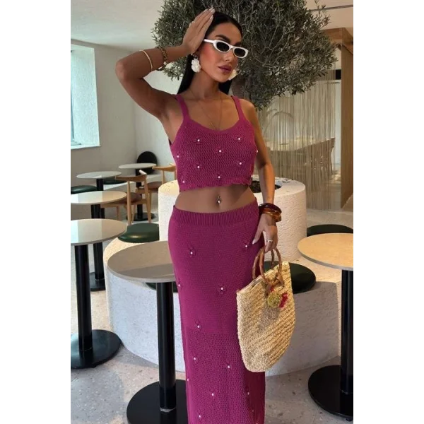 İnci Ve Çiçek Detaylı Büstiyerli Triko Takım 10100