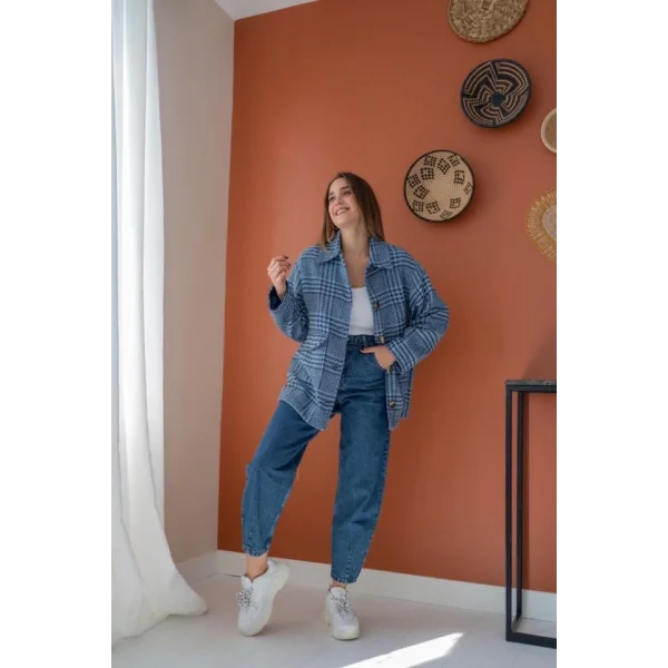 İndigo Düğmeli Ekoseli Kaban