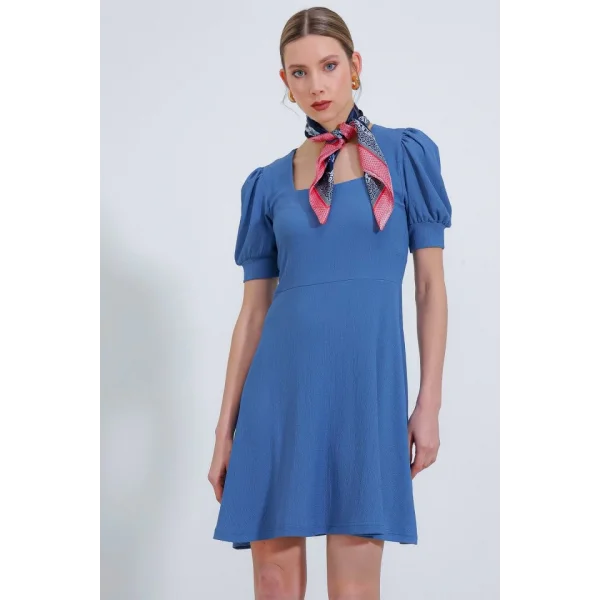 İndigo Kare Yaka Örme Mini Elbise