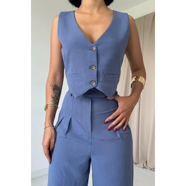 İndigo Önü Düğmeli Yelek Ve Pantolon Takım