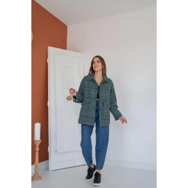 int Düğmeli Ekoseli Kaban