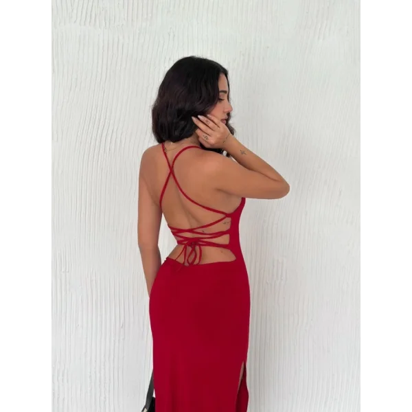 ırt Bağlamalı Derin Yirtmaç Askılı Elbise  Kırmızı