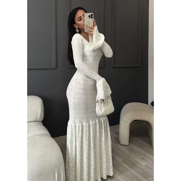 ırt Dekolteli Çan Kollu Gibeli Uzun Elbise  Beyaz