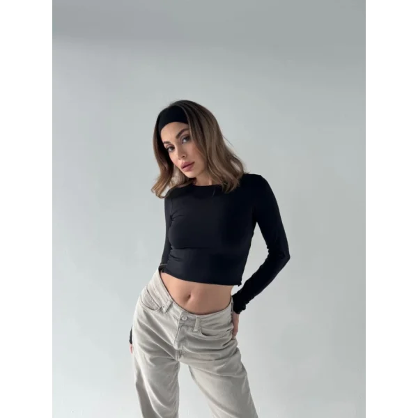 ırt Dekoltelı Uzun Kollu Crop  iyah