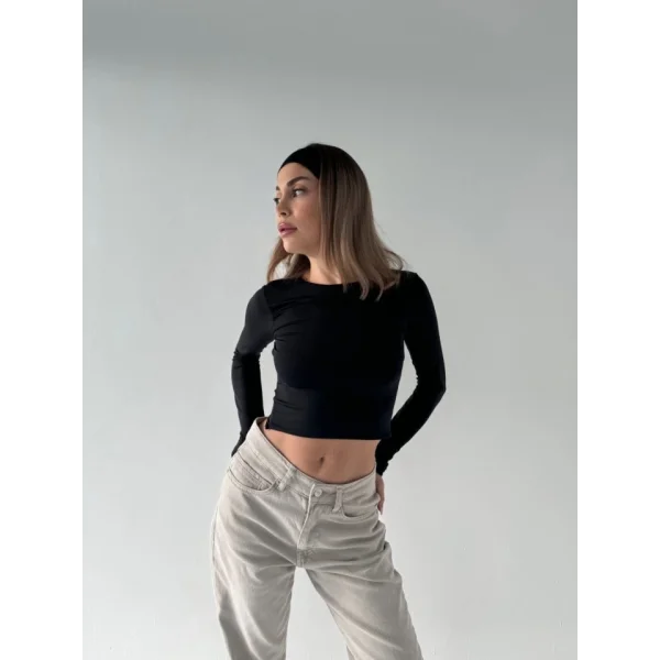 ırt Dekoltelı Uzun Kollu Crop  iyah