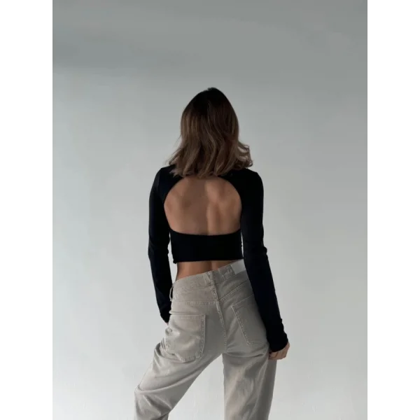 ırt Dekoltelı Uzun Kollu Crop  iyah