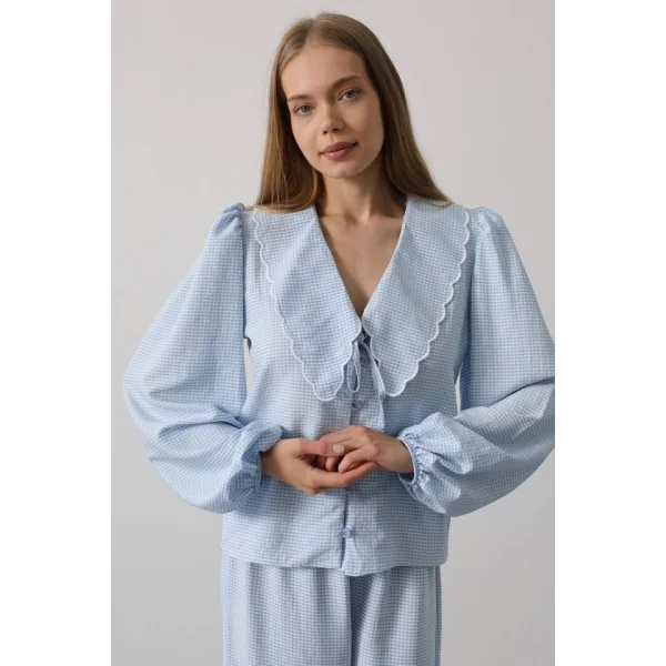 İşlemeli Bebe Yakalı Pantolon Takım - Bebe Mavisi