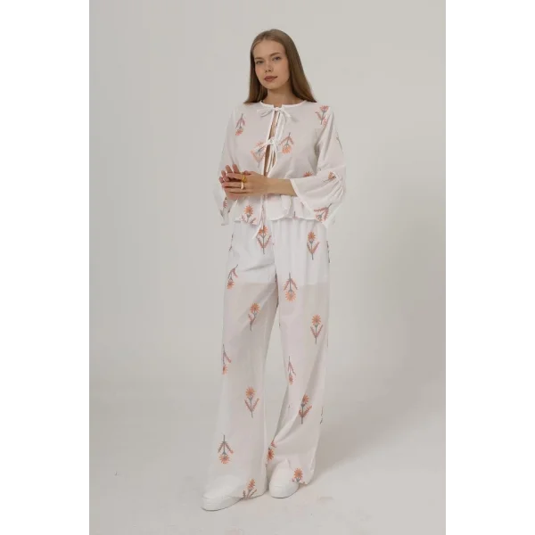 İşlemeli Oversize Pantolon - Beyaz