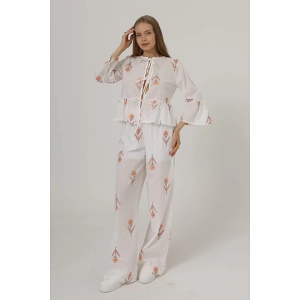 İşlemeli Oversize Pantolon - Beyaz