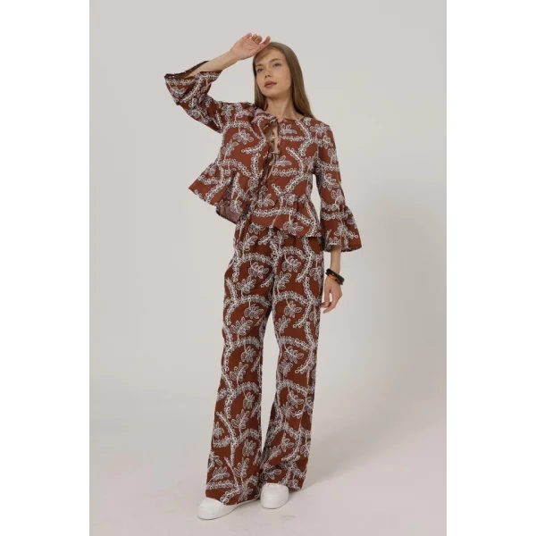 İşlemeli Oversize Pantolon - Kahve