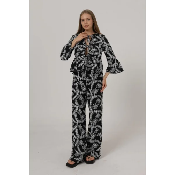 İşlemeli Oversize Pantolon - Siyah