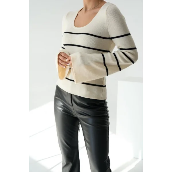 İspanyol Kol Çizgili Kazak  Açık KremSiyah