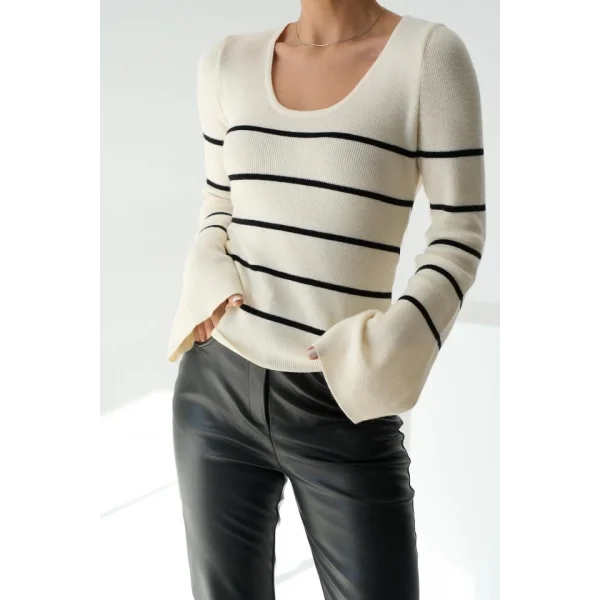 İspanyol Kol Çizgili Kazak  Açık KremSiyah