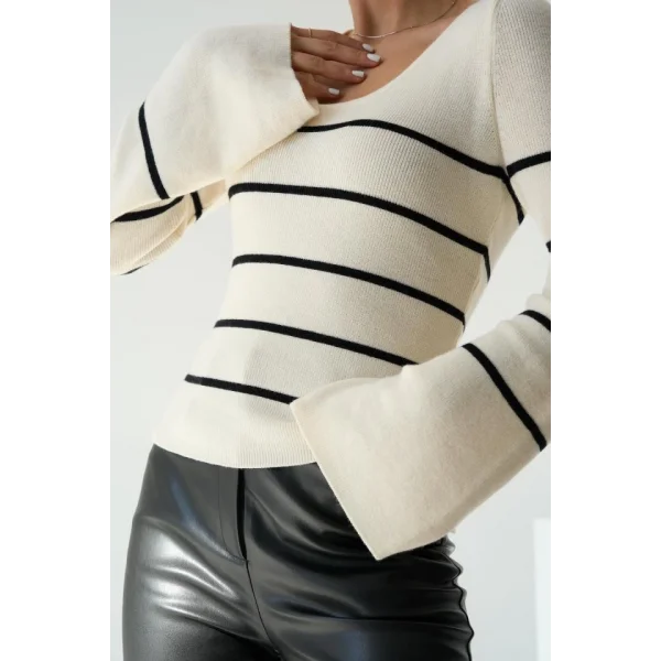 İspanyol Kol Çizgili Kazak  Açık KremSiyah