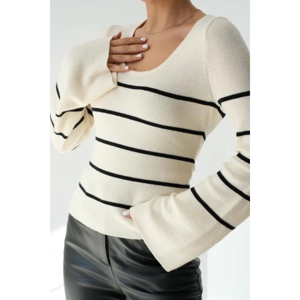 İspanyol Kol Çizgili Kazak  Açık KremSiyah