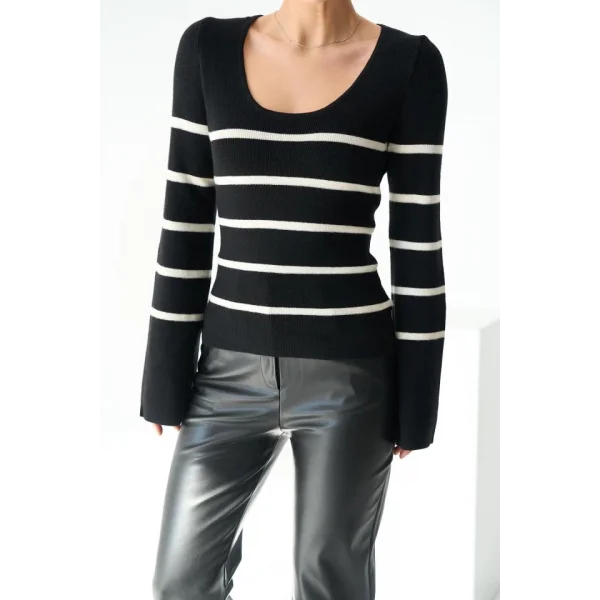 İspanyol Kol Çizgili Kazak  SiyahAçık Krem