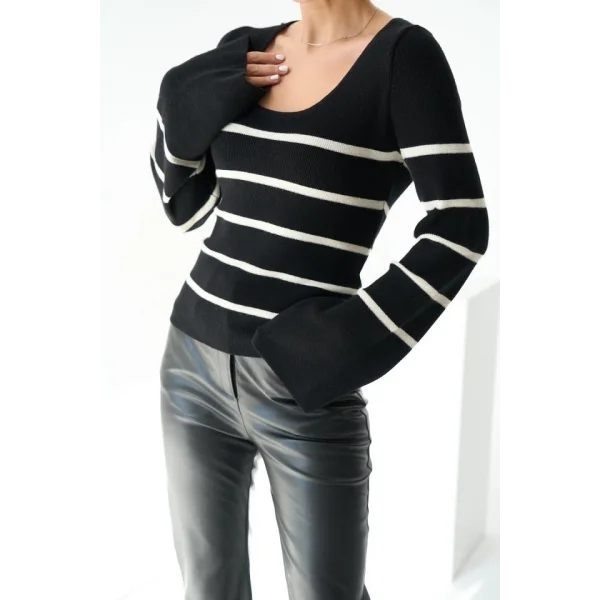 İspanyol Kol Çizgili Kazak  SiyahAçık Krem