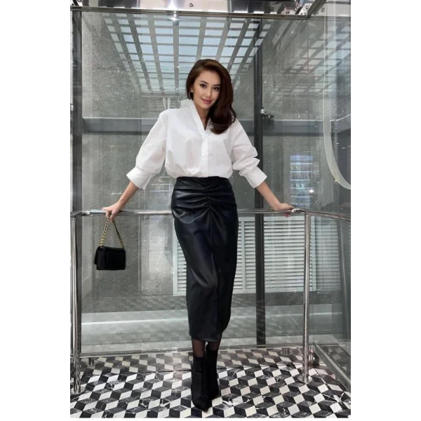 iyah Büzgü Detaylı Deri Etek