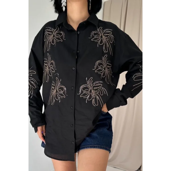 iyah Flamlı Keten Nakışlı Pullu Gömlek