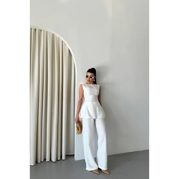 JAKAR KETEN KOLSUZ BLUZ-PANTOLON TK - Beyaz