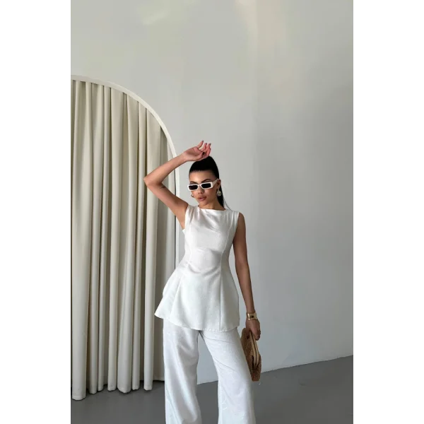 JAKAR KETEN KOLSUZ BLUZ-PANTOLON TK - Beyaz