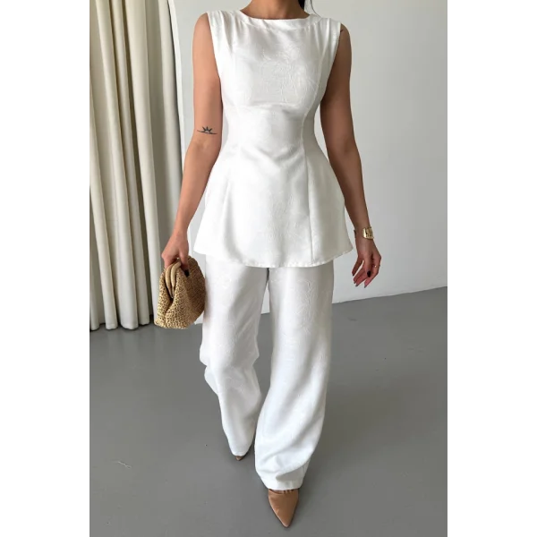 JAKAR KETEN KOLSUZ BLUZ-PANTOLON TK - Beyaz