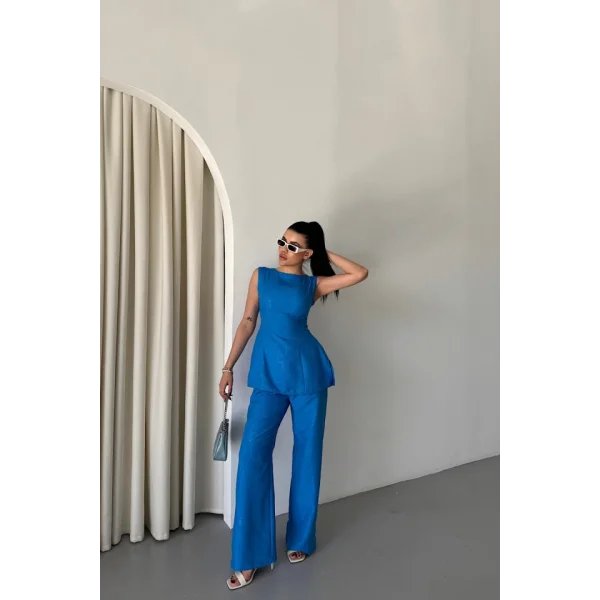 JAKAR KETEN KOLSUZ BLUZ-PANTOLON TK - Mavi