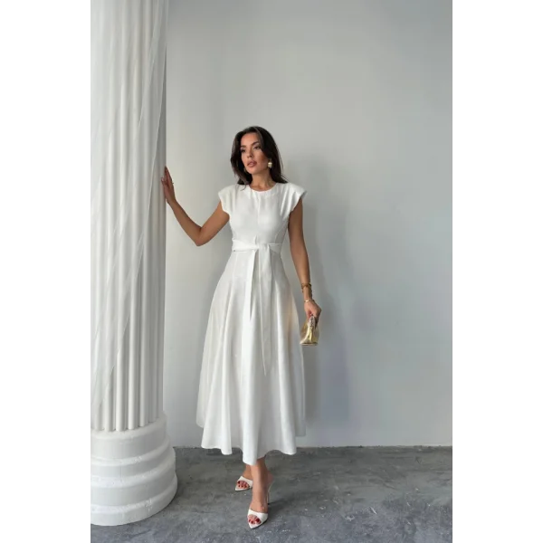 JAKAR KETEN VATKALI ELBİSE - Beyaz