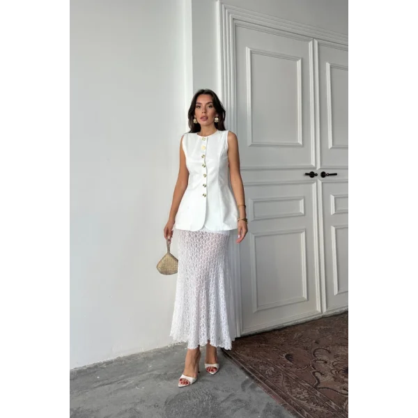 JAKAR KETEN YELEK BELDEN OTURTMALI GOLD DÜĞMELİ - Beyaz