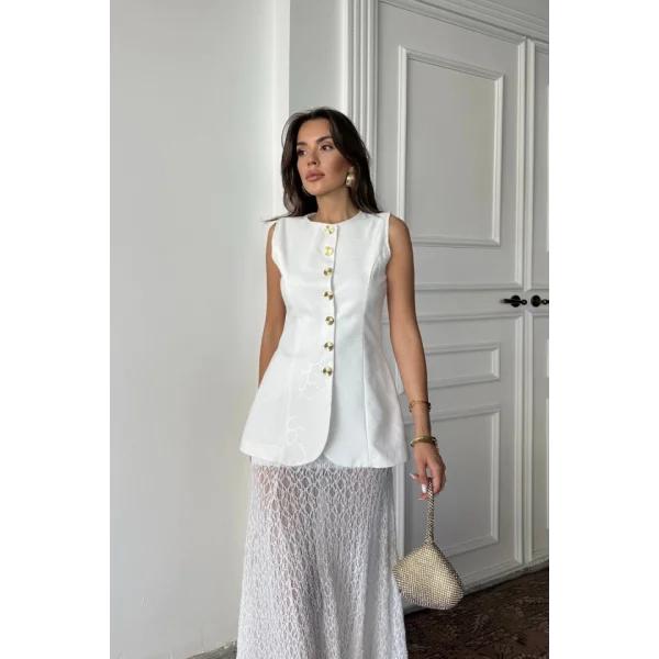 JAKAR KETEN YELEK BELDEN OTURTMALI GOLD DÜĞMELİ - Beyaz