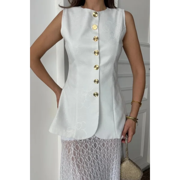 JAKAR KETEN YELEK BELDEN OTURTMALI GOLD DÜĞMELİ - Beyaz