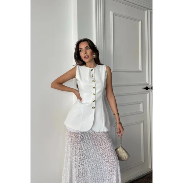 JAKAR KETEN YELEK BELDEN OTURTMALI GOLD DÜĞMELİ - Beyaz